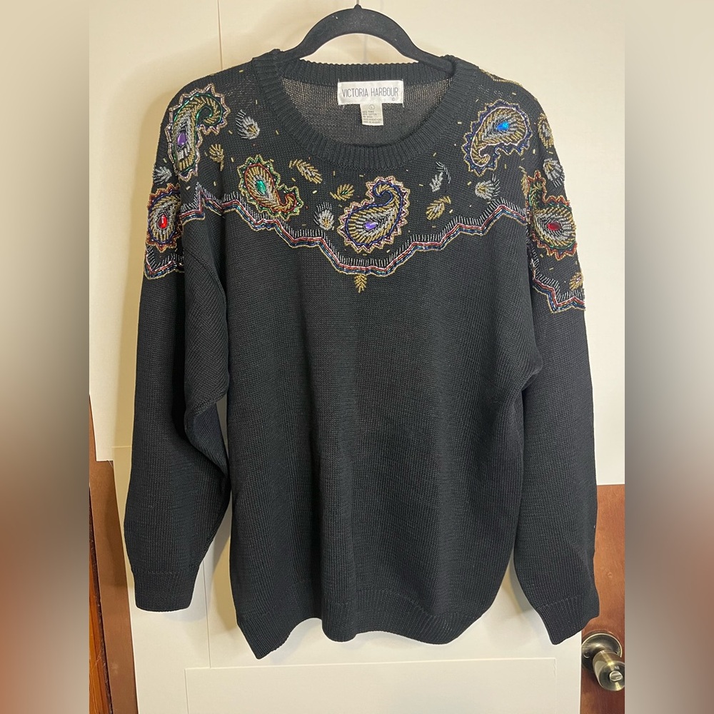 VTG Victoria Harbour Women’s Size L Paisley Beaded Black Ramie Cotton Sweater